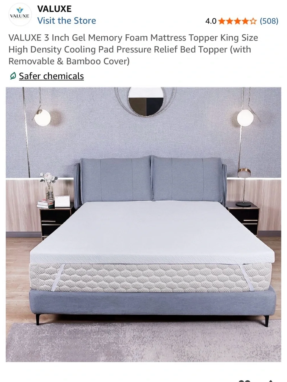 3” Gel Memory Foam Mattress Topper with Elastic Strap - King Size NIB